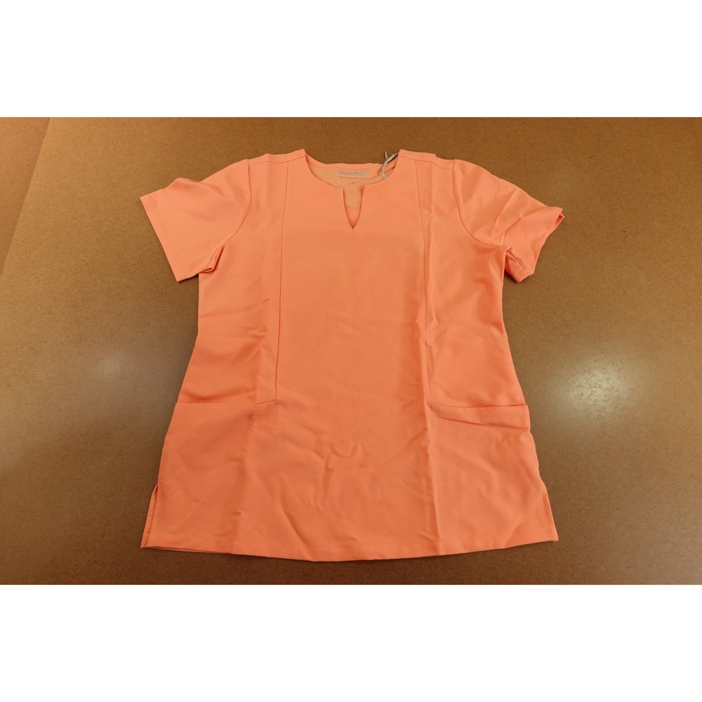 Mandala Womens Size Small Peach Short Sleeve 5 Pocket Notch Neck Scrub Top NWT